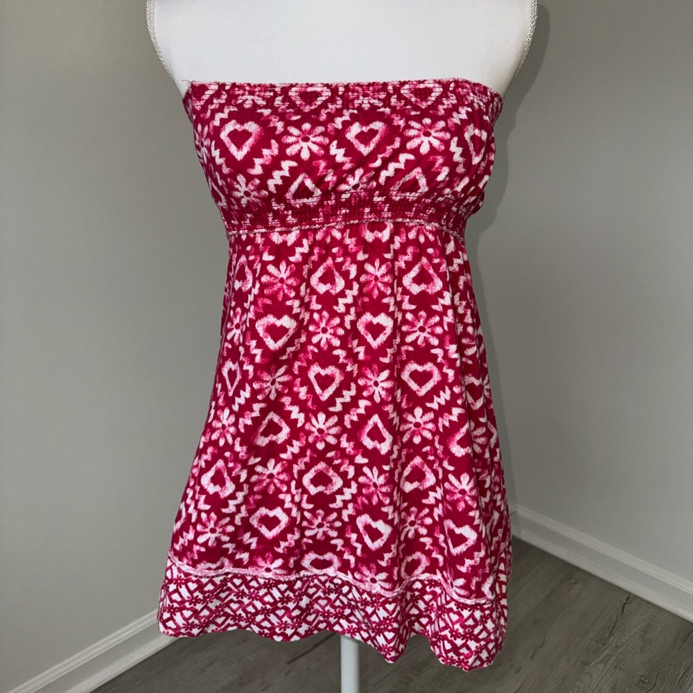So Wear It Declare Strapless Smocked Top‎ Pink White Heart Floral Print L Y2K